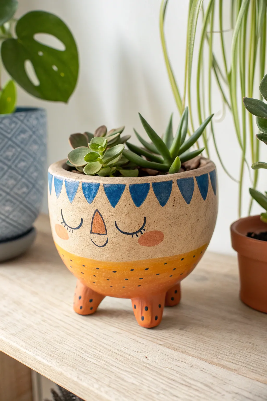 Whimsical air dry clay character planter with bold sculpted fin and brows, simple paint accents.