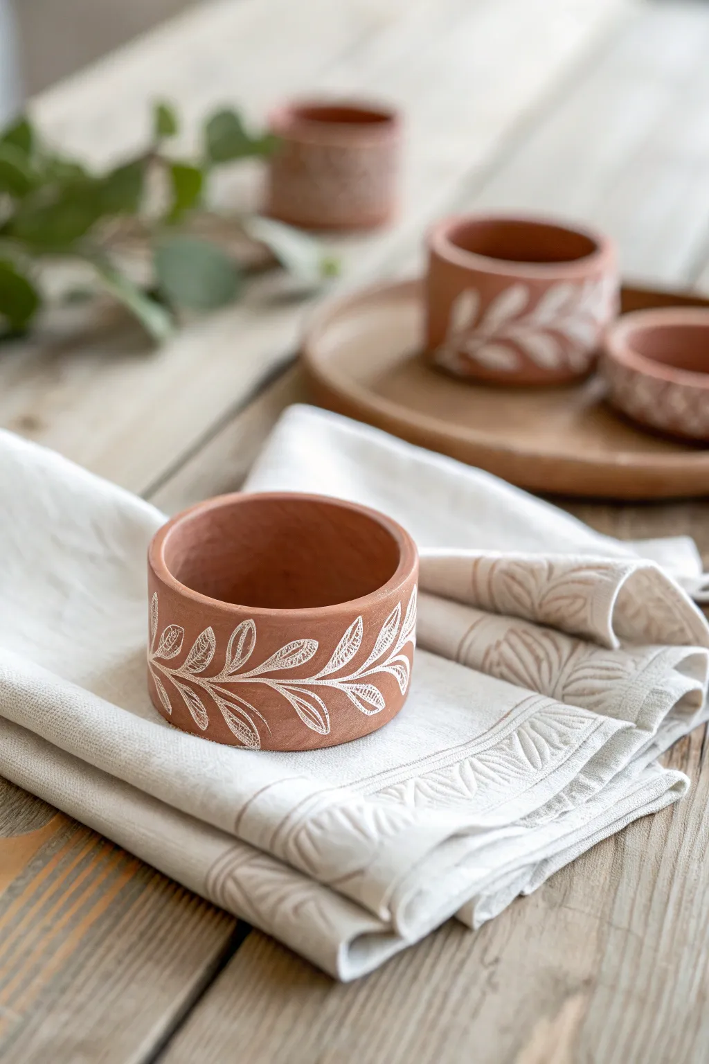 Air dry clay napkin rings with embossed patterns, styled on linen for a warm minimalist table.