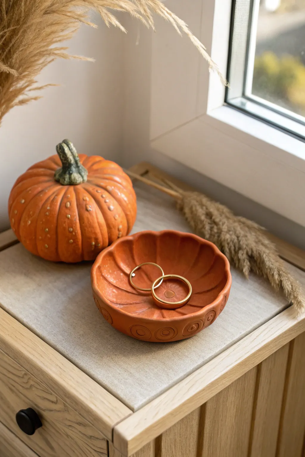 Pumpkin trinket dish in bold orange clay, a cozy minimalist place to keep your rings.