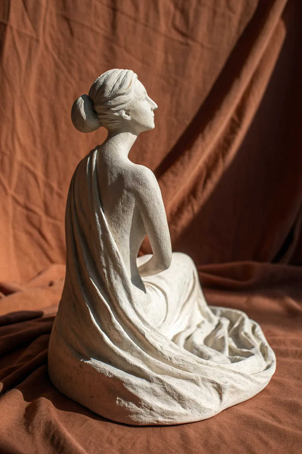 Abstract draped seated figure in matte white, moody light and bold backdrop for air-dry clay ideas.