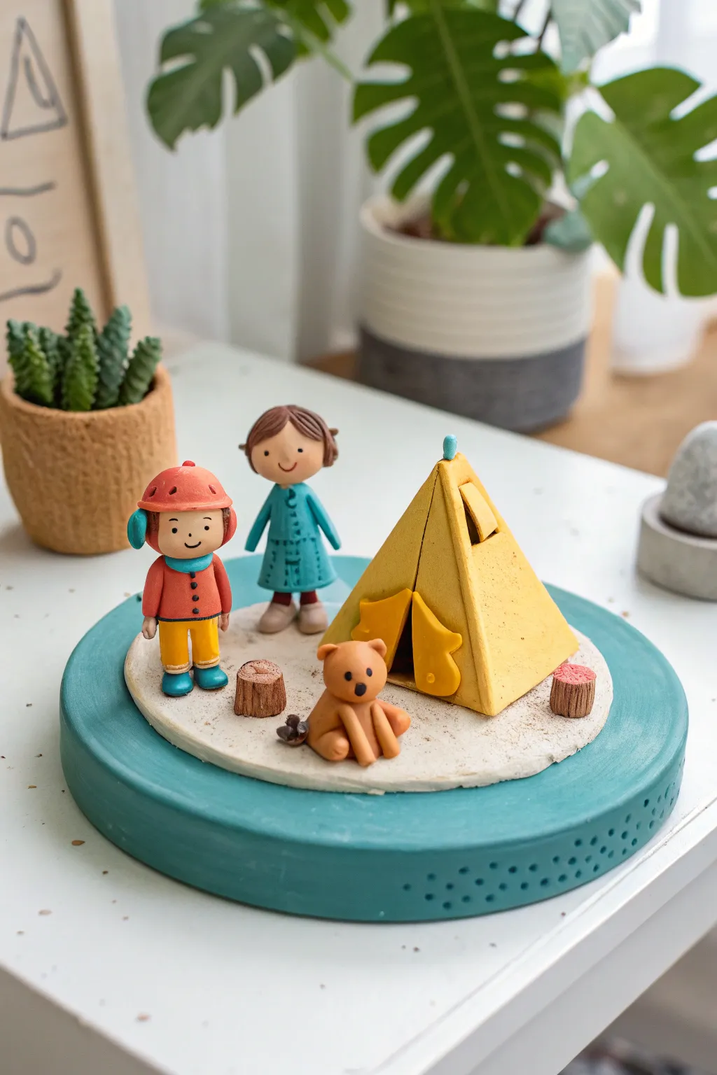 Mini small-world clay scene for kids: simple figures, bold colors, endless storytelling.