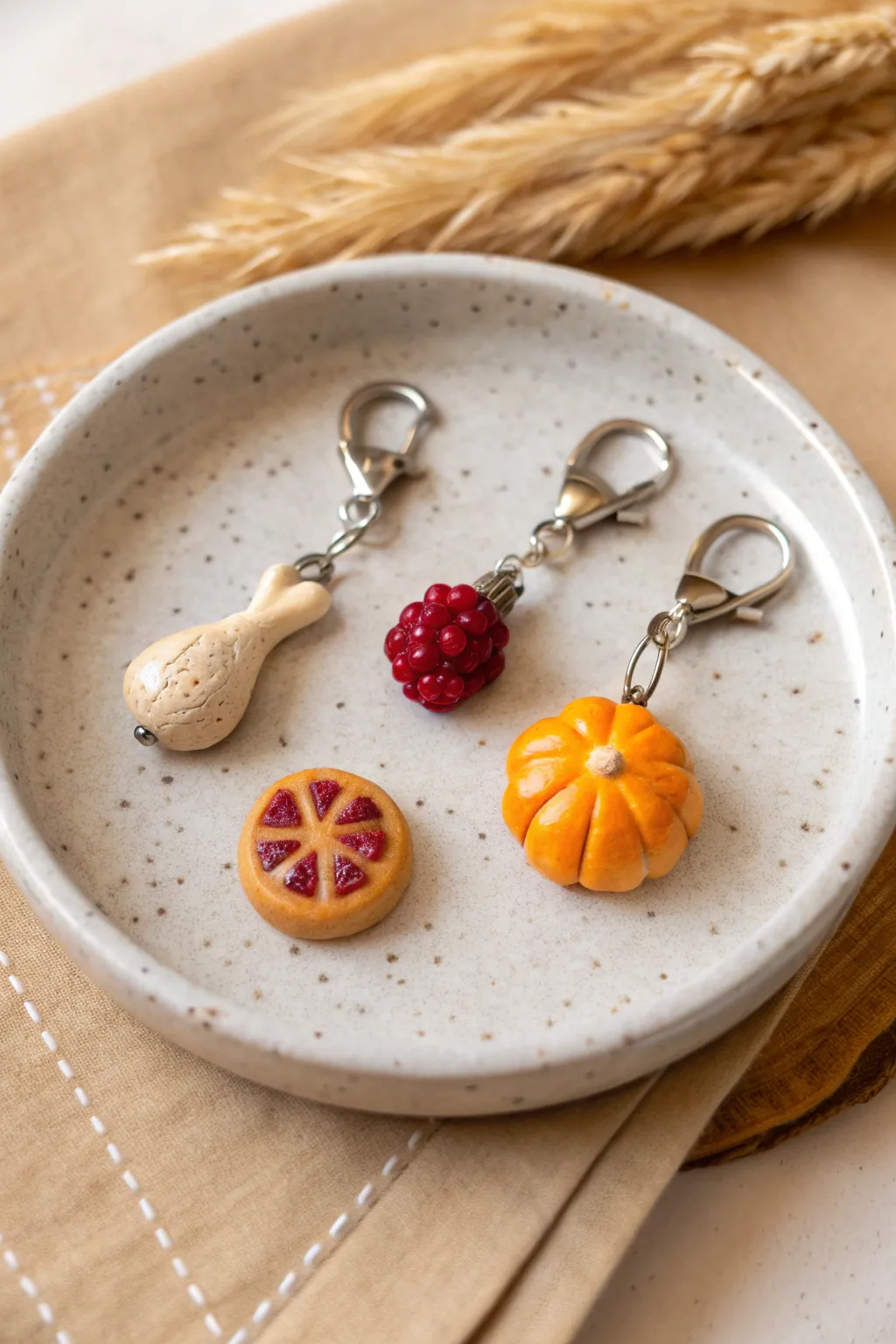 Tiny Thanksgiving dinner charms in clay, styled on a minimalist dish for cozy holiday DIY decor.