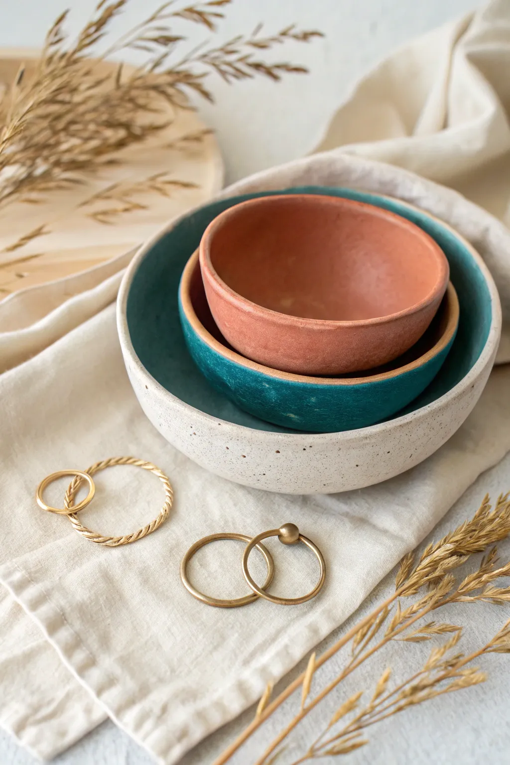 Nested trio of air dry clay trinket dishes in bold hues, perfect for rings and earrings.
