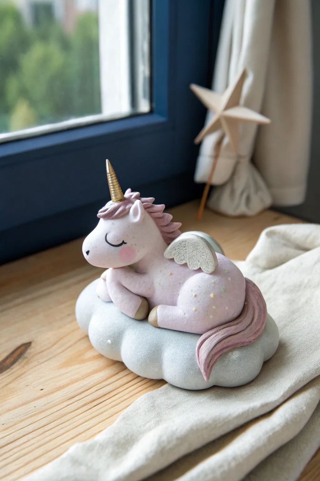 Dreamy air dry clay unicorn resting on a cloud bed, simple, cozy, and beautifully handmade.