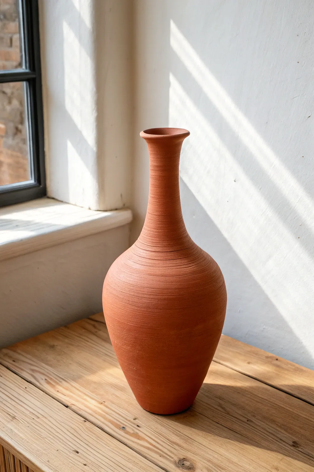 Twisted-neck air dry clay vase in matte terracotta, minimal yet sculptural and bold