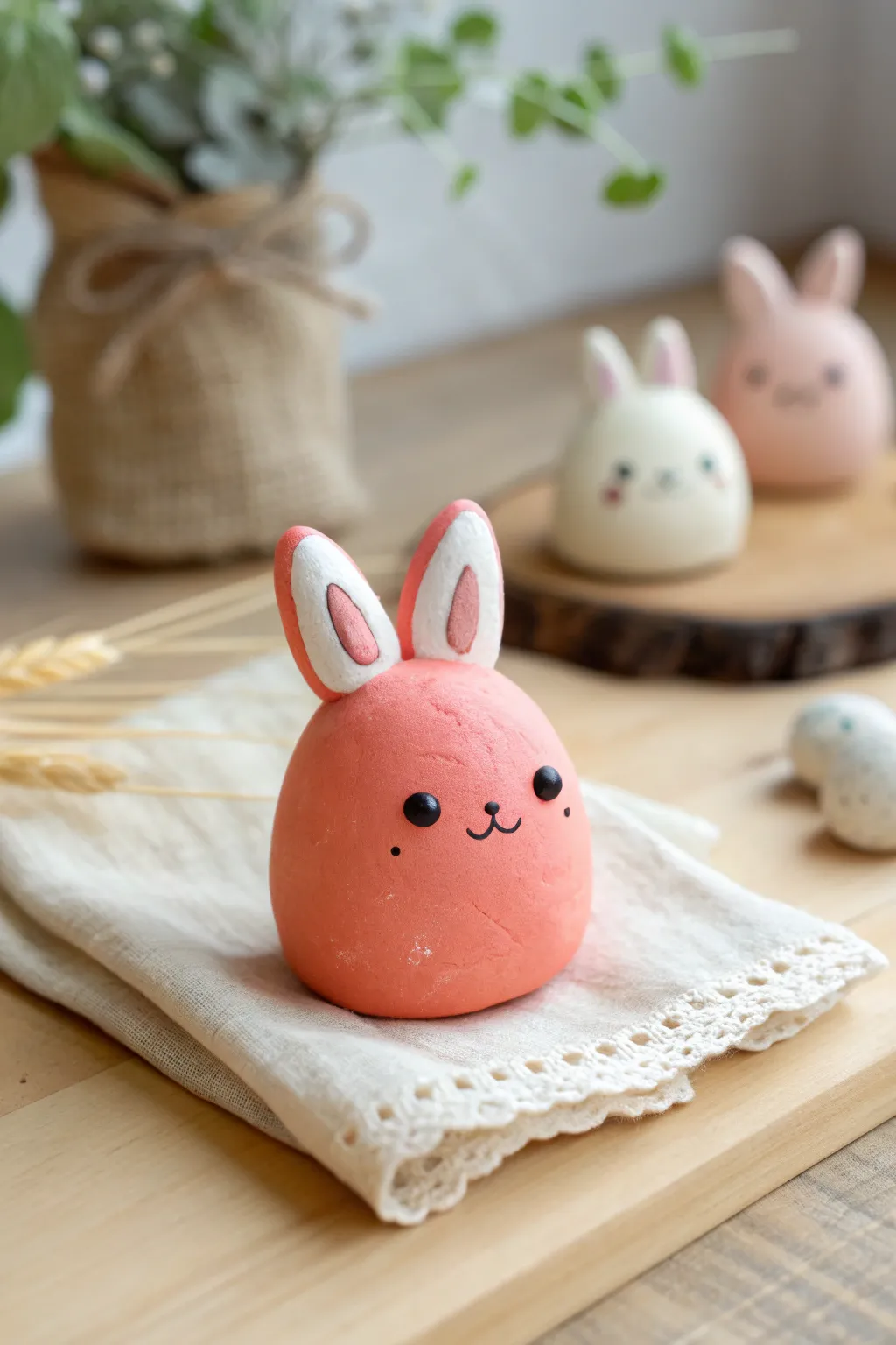 Tiny kawaii air dry clay animals: a simple rounded bunny with pastel friends for easy DIY charm.