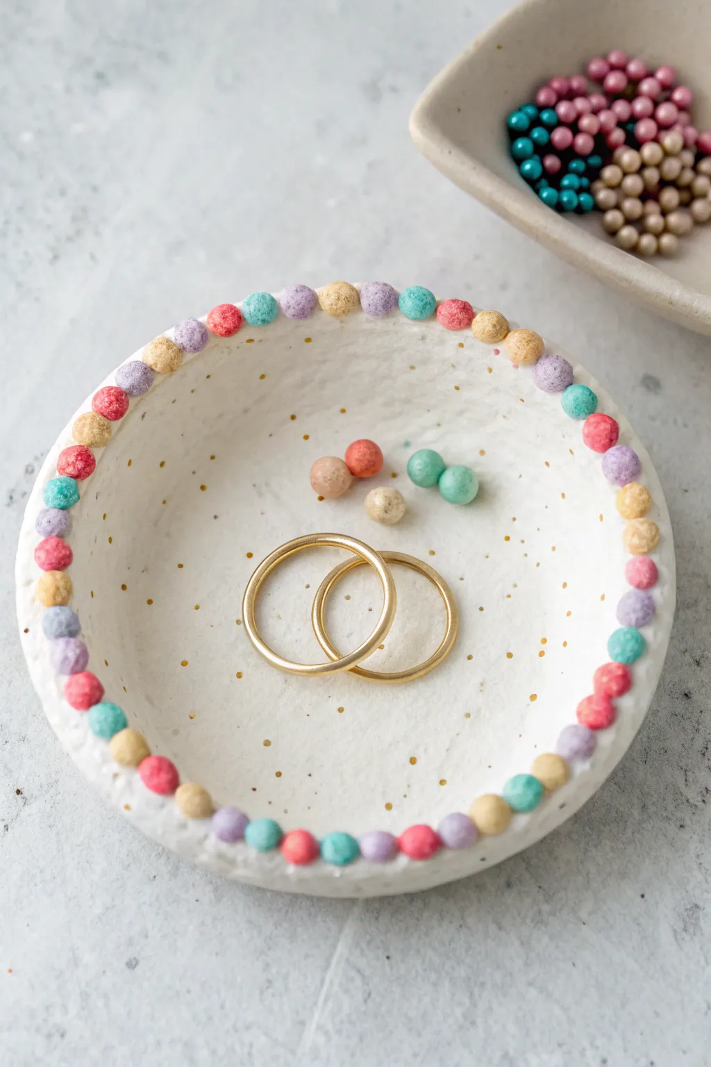 Sweet foam clay sprinkle rim trinket dish—minimal, boho, perfect for rings and charms.