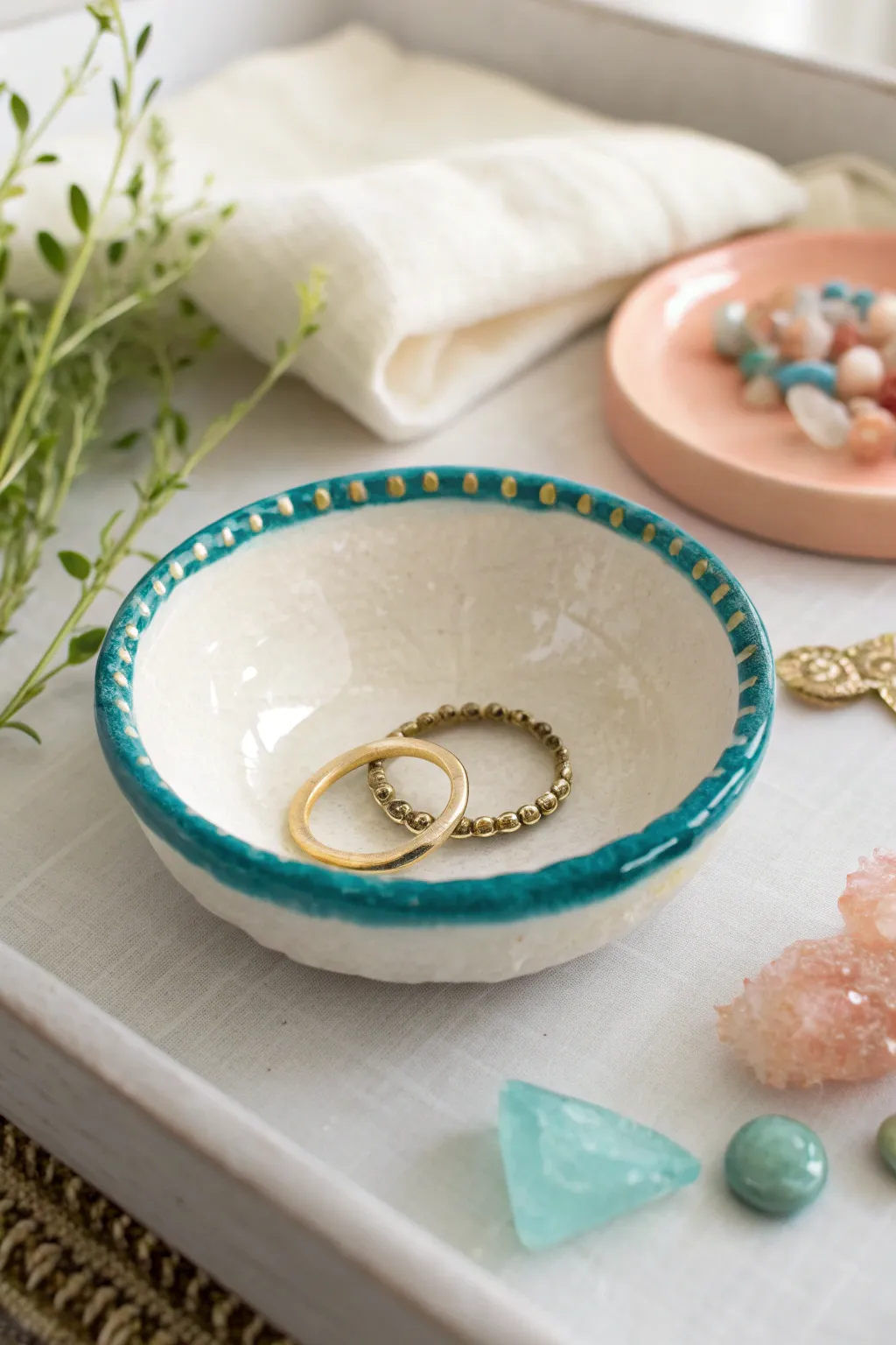 Beaded-rim air-dry clay mini dish with glossy finish, styled with ring and crystal.