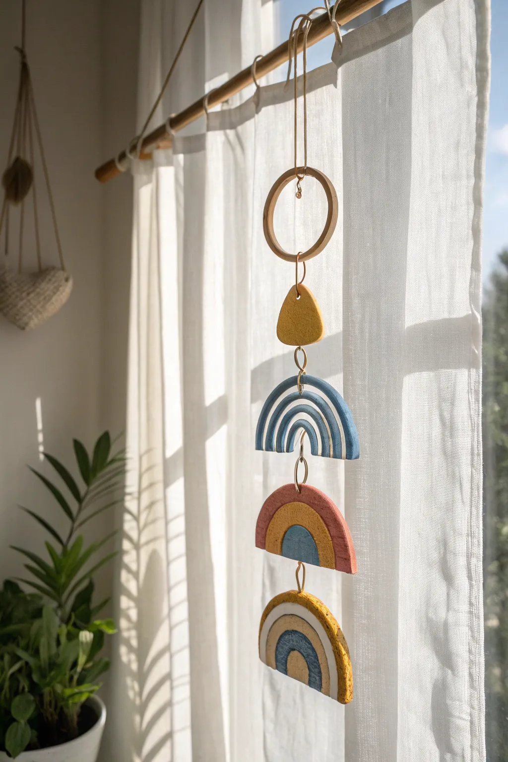 Air-dry clay window charms in bold hues catching sunlight, adding minimalist boho warmth.