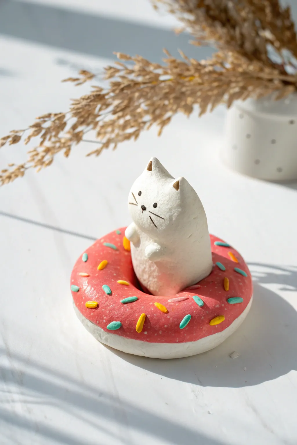 Whimsical clay cat with a donut ring, minimal and boho, perfect beginner animal modeling idea