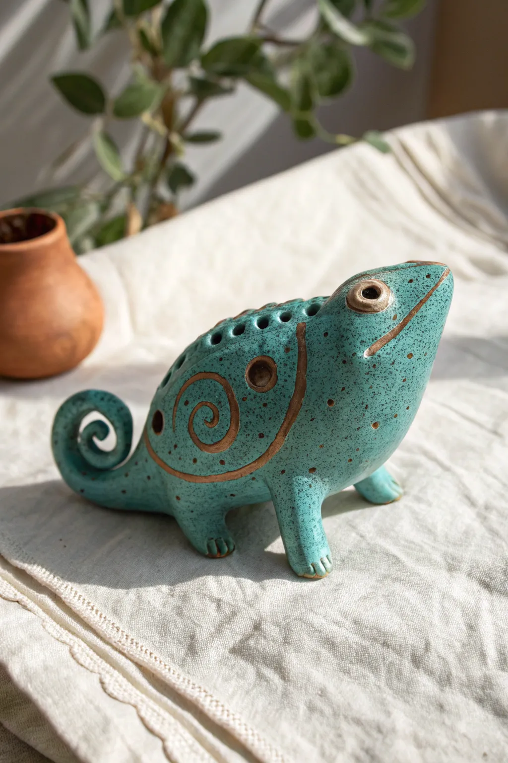 Playful chameleon clay whistle with curly tail mouthpiece, bold teal glaze on neutral linen.