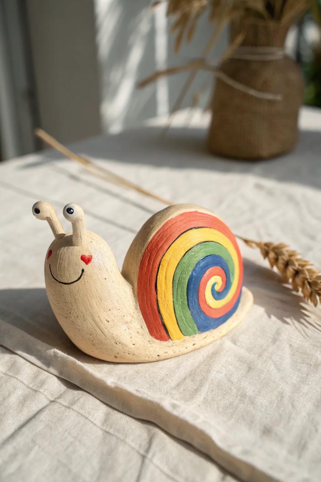 Cute rainbow shell snail in simple chunky clay, bright colors and minimalist Scandinavian vibe