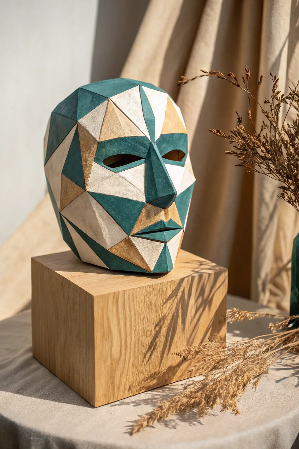 Geometric faceted clay mask with a bold two tone matte finish for an easy modern statement piece