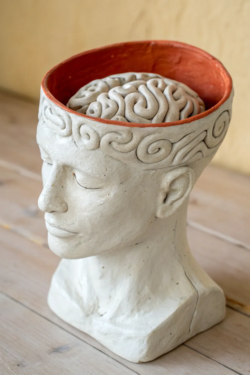 Surreal thought bowl head sculpture in matte clay, bold terracotta contrast, minimalist boho vibes
