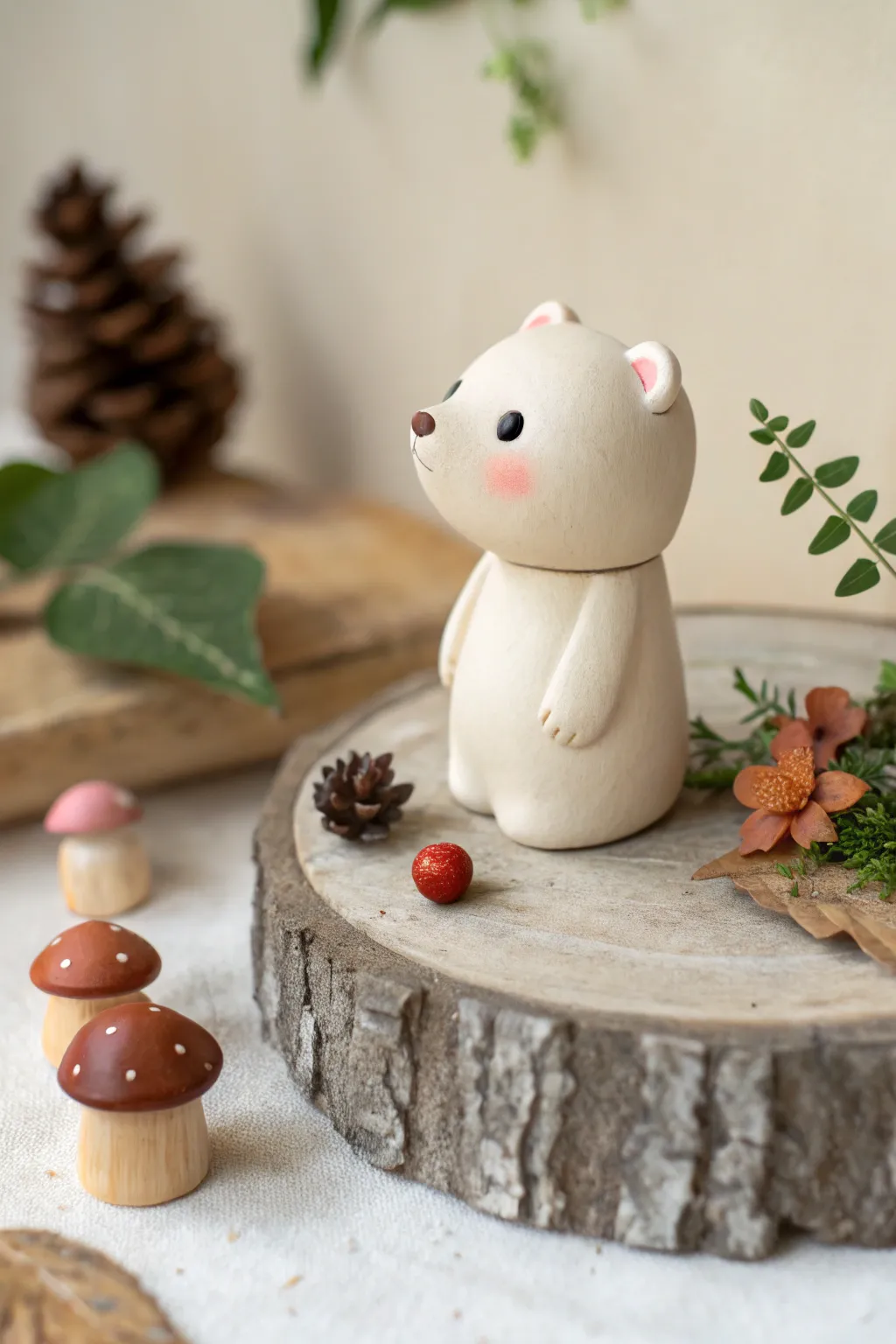 Cute blob bear clay cottagecore vignette with pastel leaves and bold terracotta mushrooms