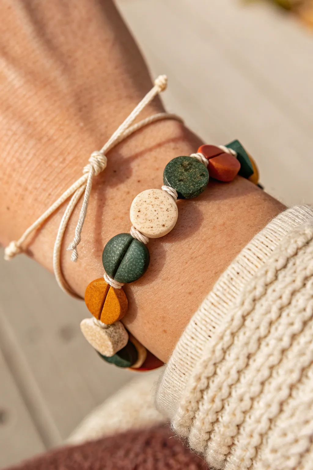 Fall-ready cord-and-clay wrap bracelet: terracotta and forest beads on neutral cord, cozy and minimalist.