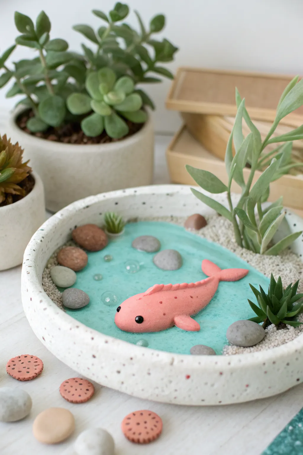 Mini pond diorama: a sweet clay axolotl resting among pebbles, plants, and tiny bubbles.