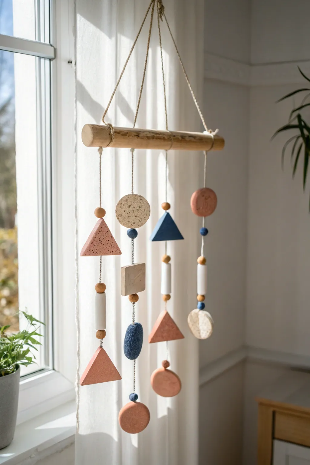 Minimalist oven-bake clay wind chime with geometric shapes, sunlit and softly boho.