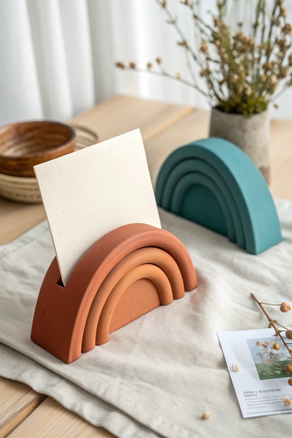 Minimal arch bakeable clay card holder set in bold colors, an easy DIY desk accent