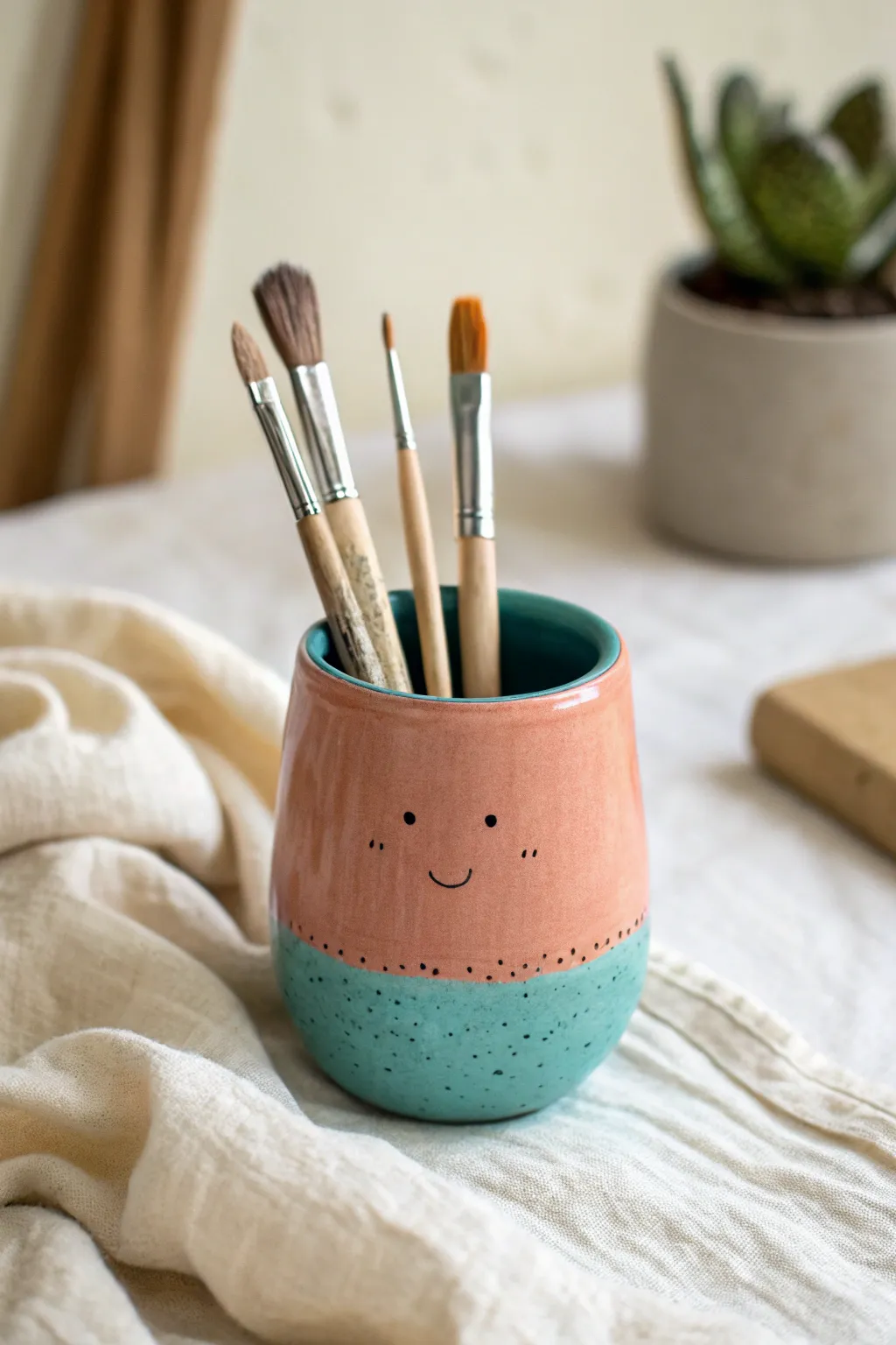 Blobby coral clay brush cup with a tiny dot face, simple Scandinavian boho desk charm