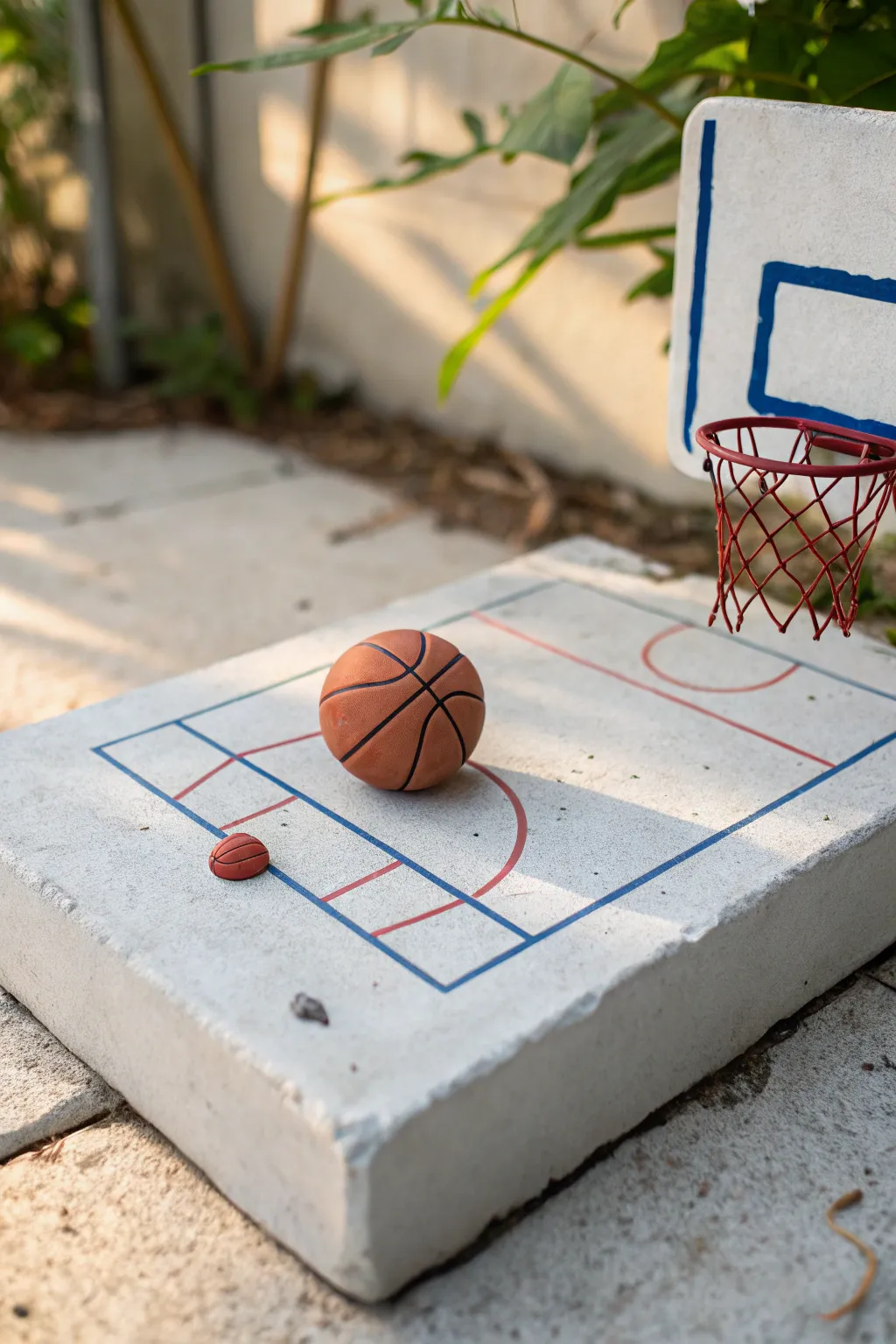 Make a tiny street court diorama in clay, bold lines, simple hoop, and a textured mini ball
