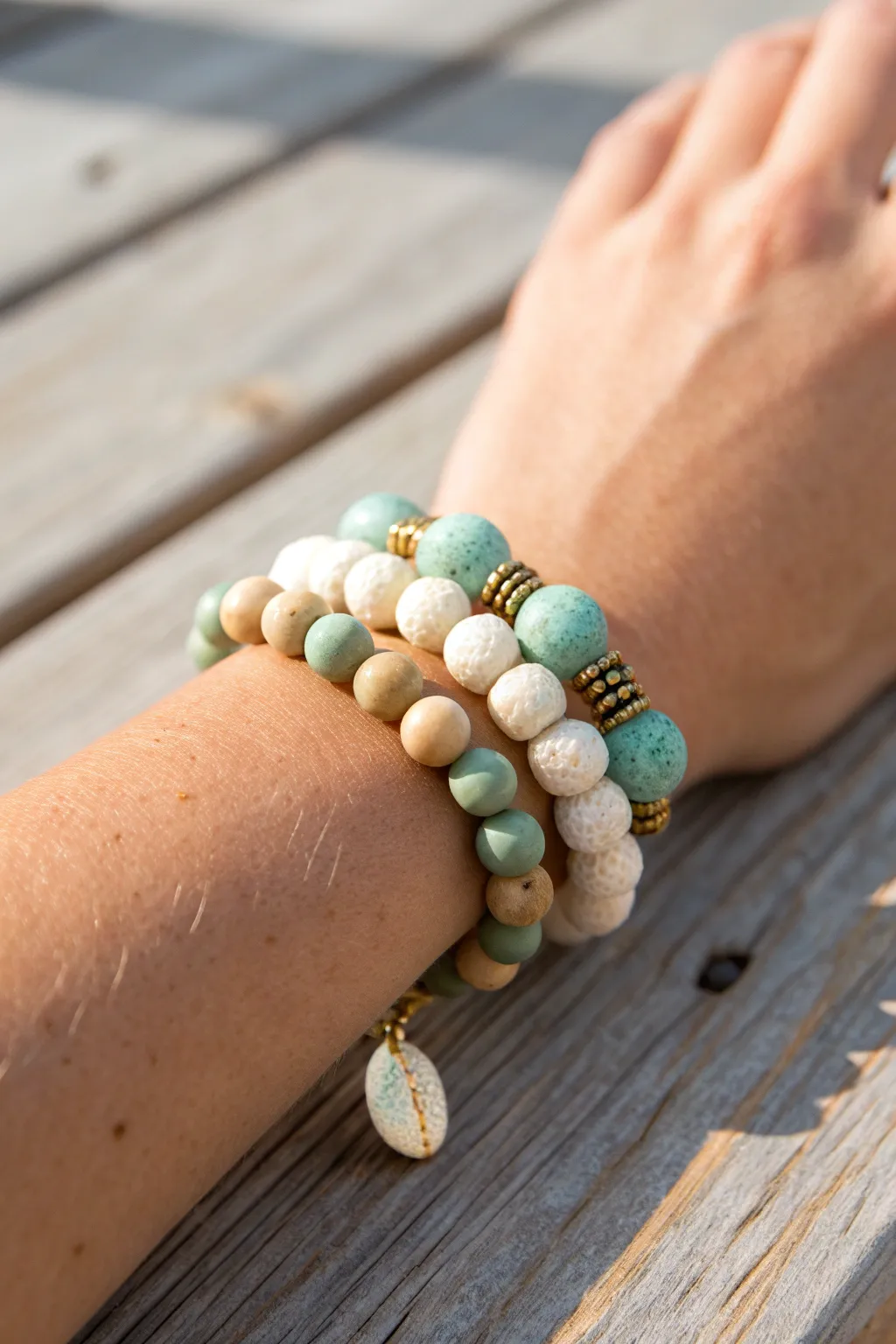 Seafoam and sand double-wrap clay bead bracelet with a clean minimalist beachy glow