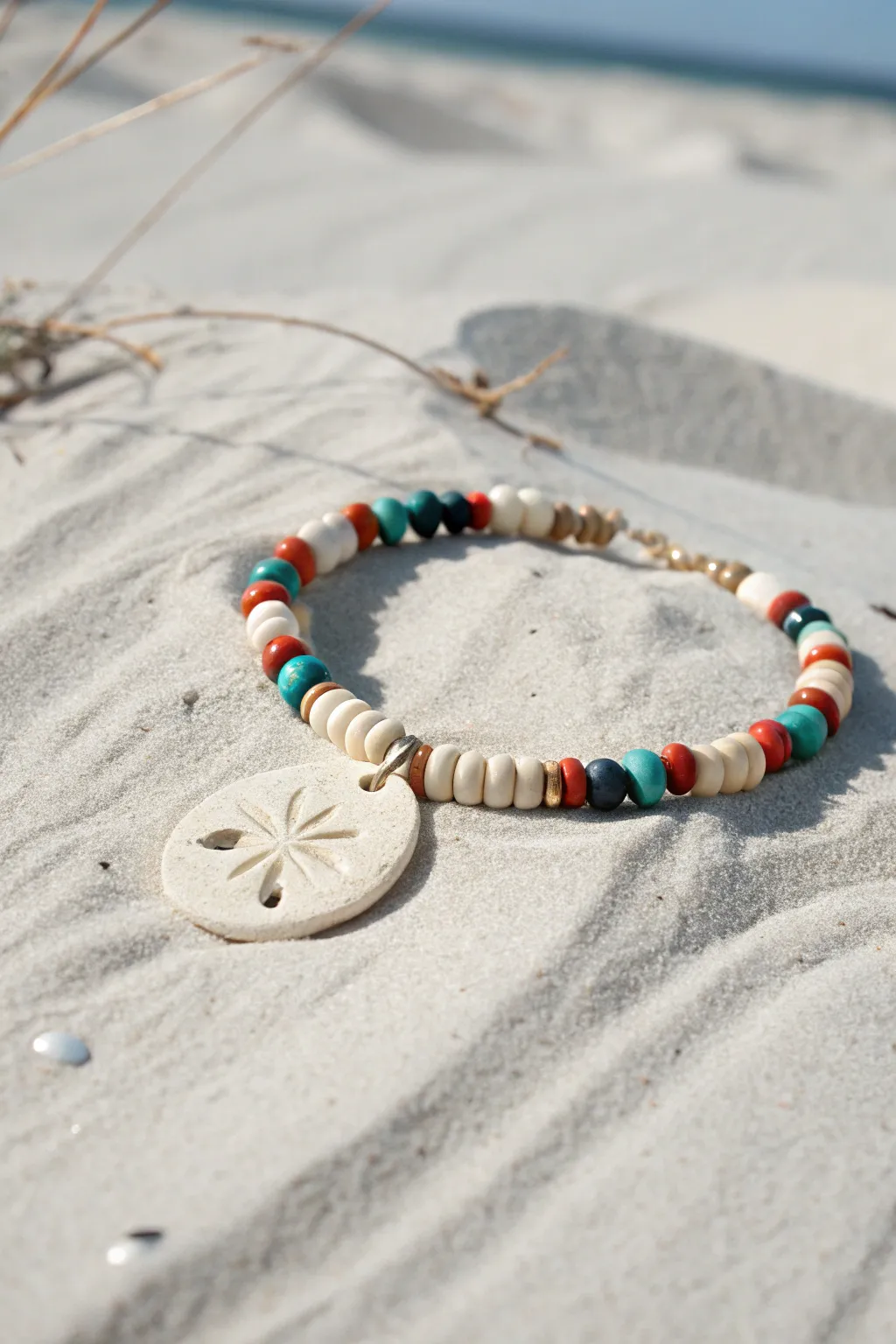 Beachy heishi bracelet with creamy sand dollar medallions on sunlit sand, minimal boho vibes.