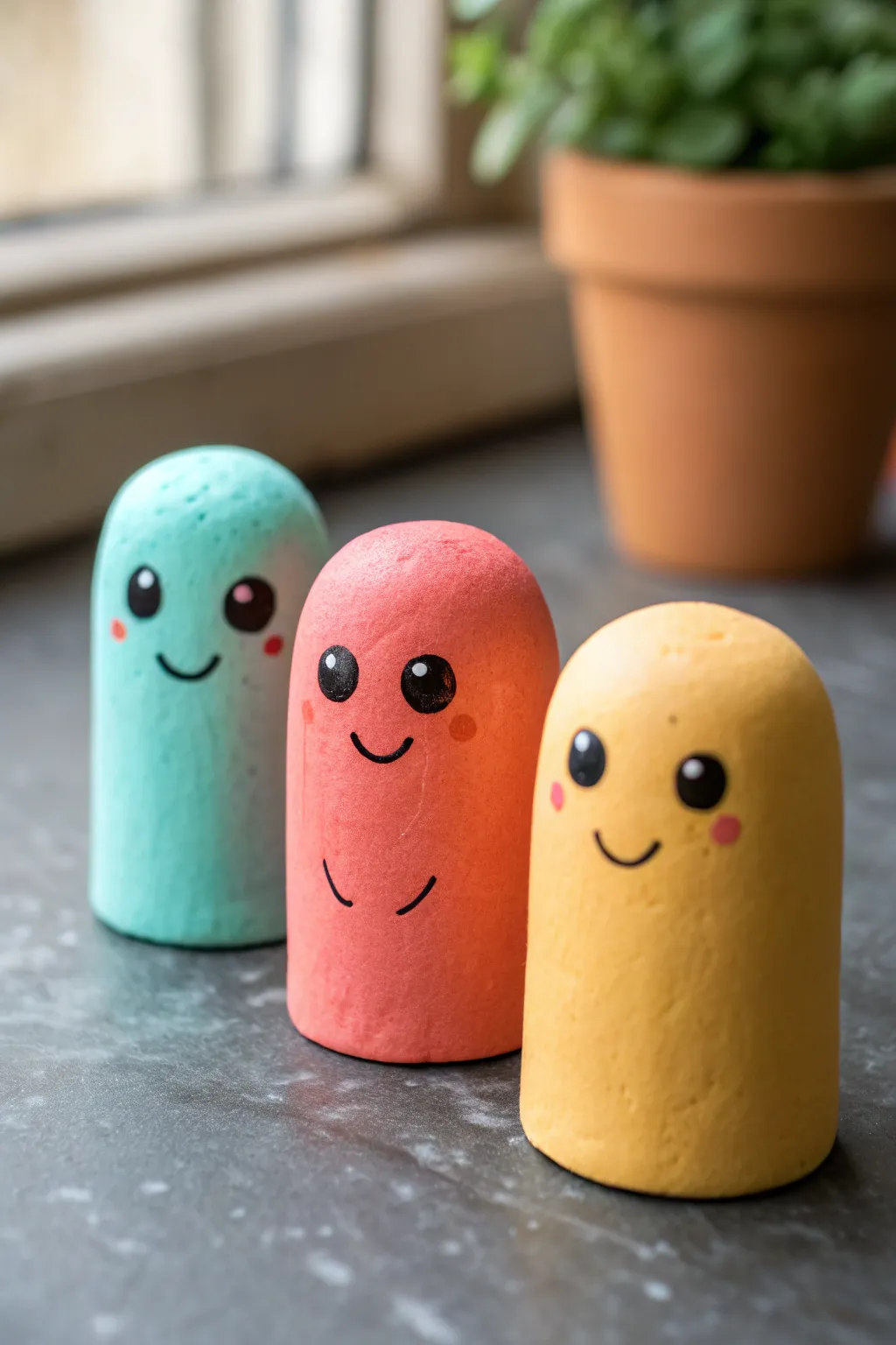 Silly air dry clay finger puppet faces in bold colors, perfect beginner craft decor