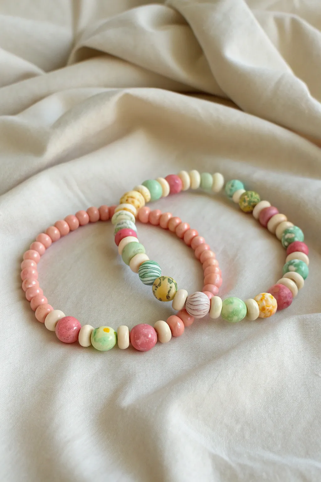 Matching candy swirl marbled clay bead bracelets in bold pastel swirls for the perfect BFF set