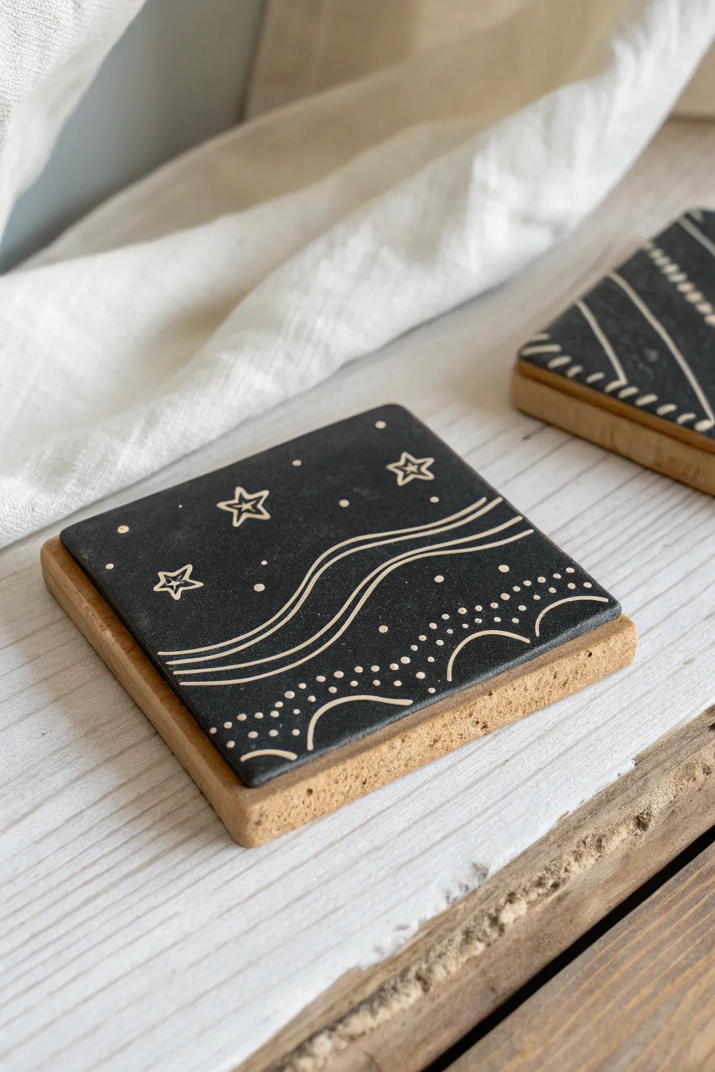 Minimal sgraffito tile coaster in black air dry clay with crisp scratch-reveal patterns