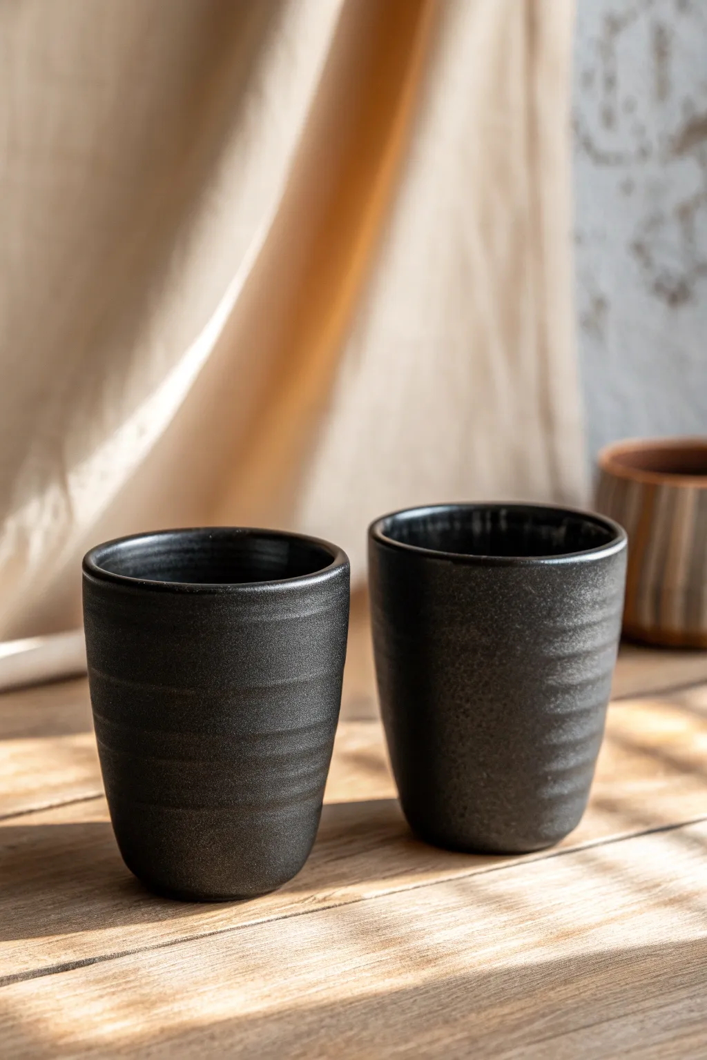 Matte meets shine: two black clay finishes side by side in dramatic, minimalist light.