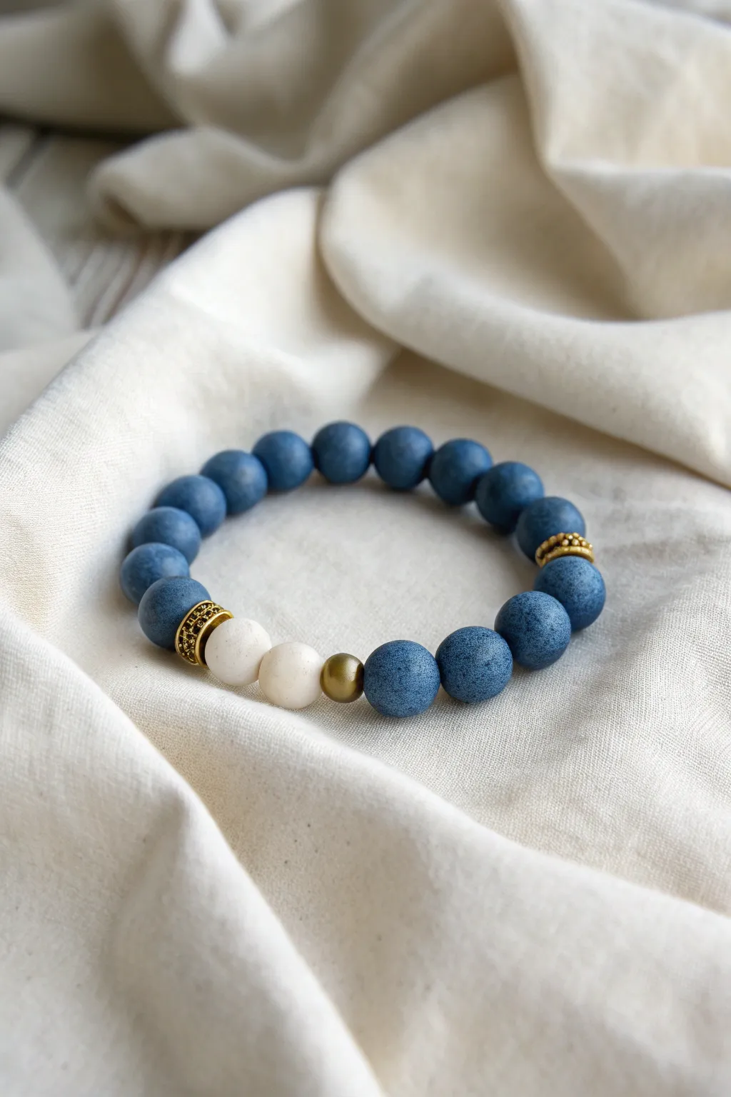 Denim-blue clay bracelet with matte and smooth beads for subtle, modern texture contrast.