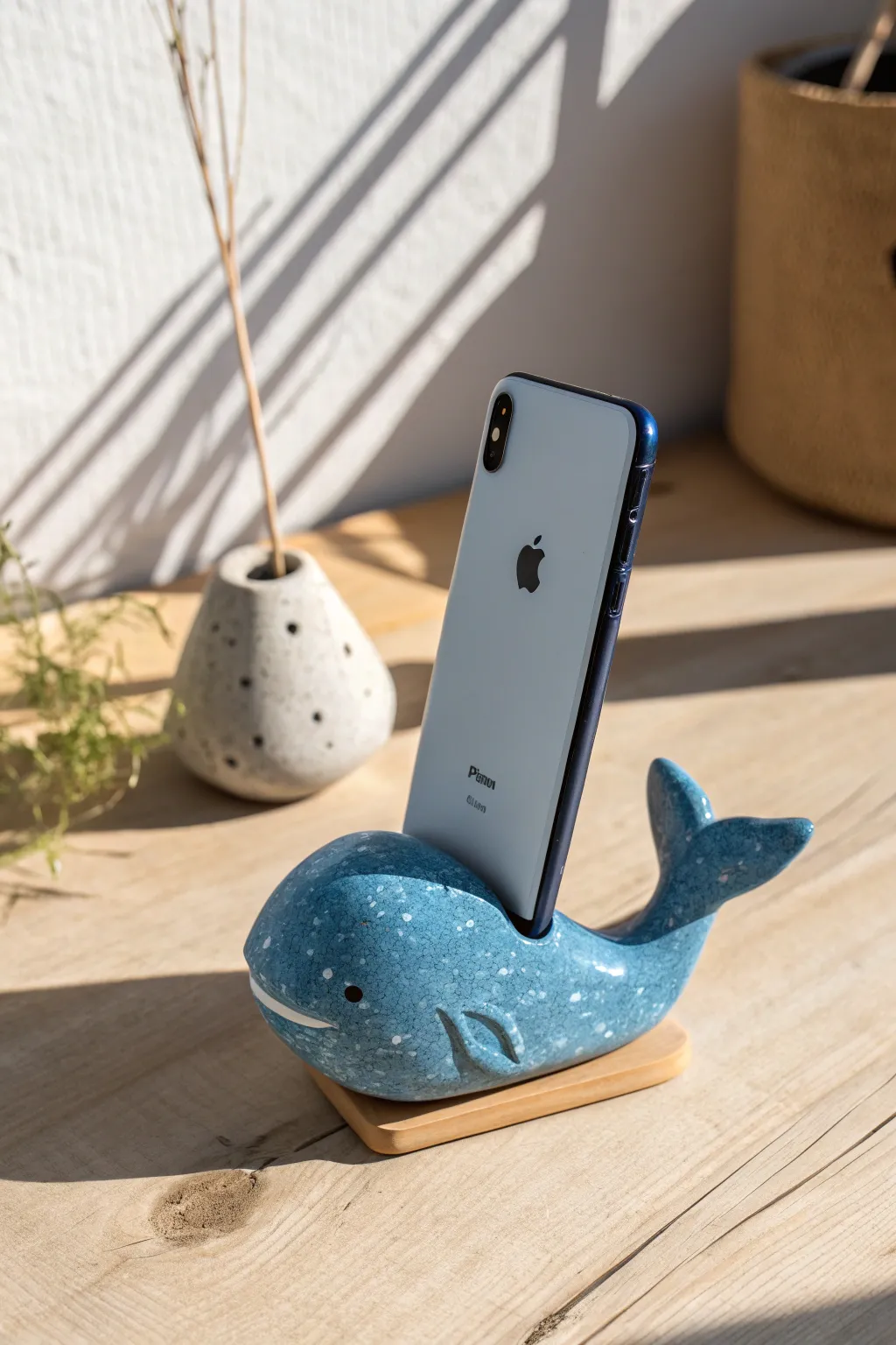 Bold blue whale phone stand in handcrafted clay, minimal Nordic styling with a soft boho feel
