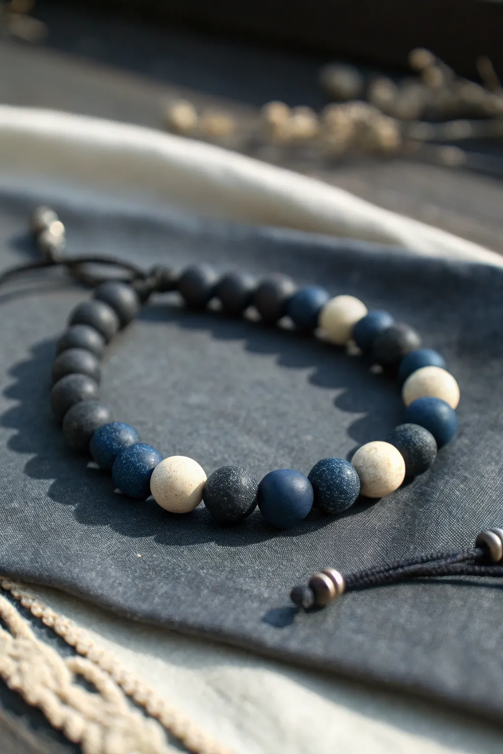 Dark clay bead bracelet with subtle glow accent beads, perfect for boy-friendly night games.