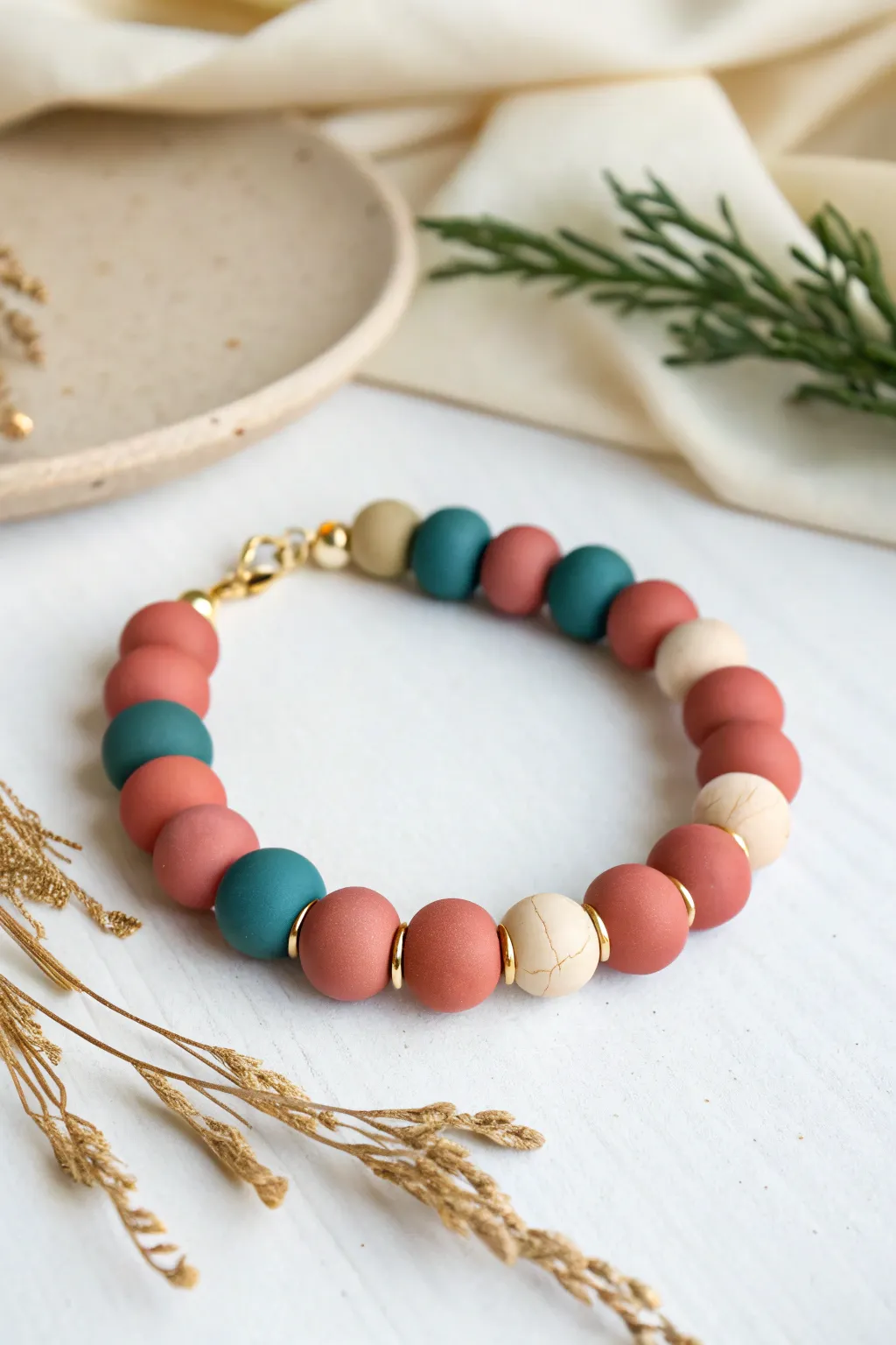 Bold clay bead bracelet with airy spacer gaps for a clean, modern boho look.