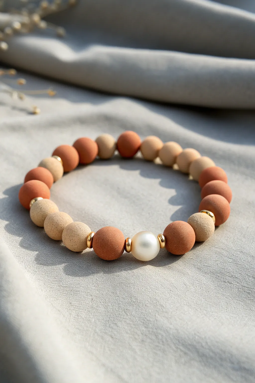 Neutral clay bead bracelet with pearl accents for a simple, dressy Scandinavian-boho look.