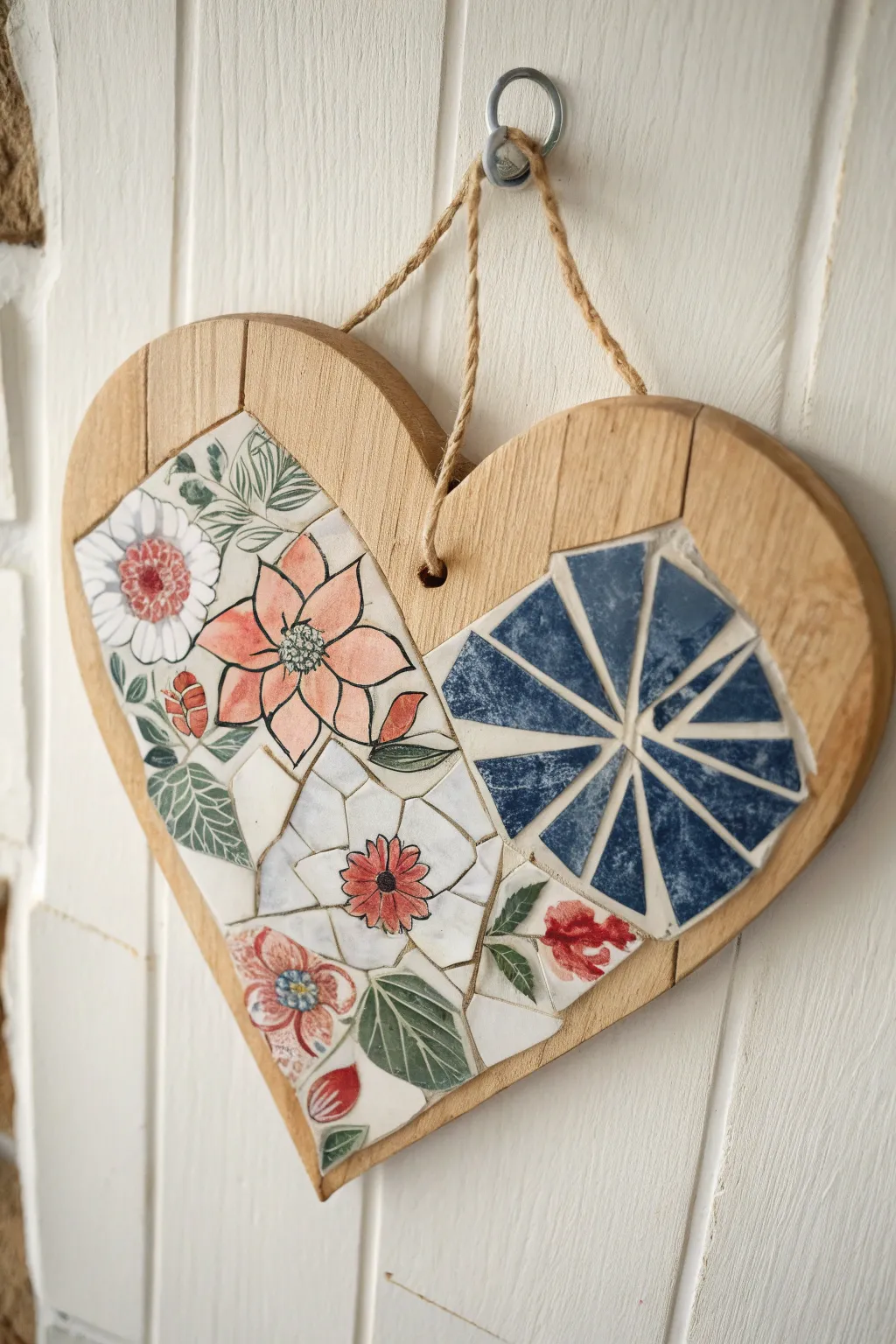 Heart-shaped broken china mosaic with floral shards, clean grout lines, and calm Nordic-boho styling.