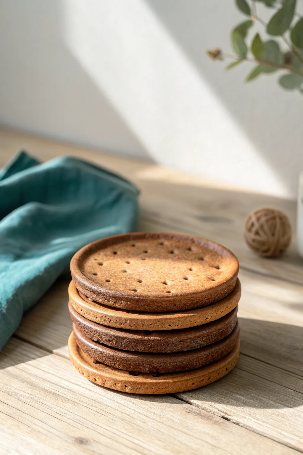 Brown clay baked cookie coaster stack with toasted edges, Scandinavian minimal boho vibe