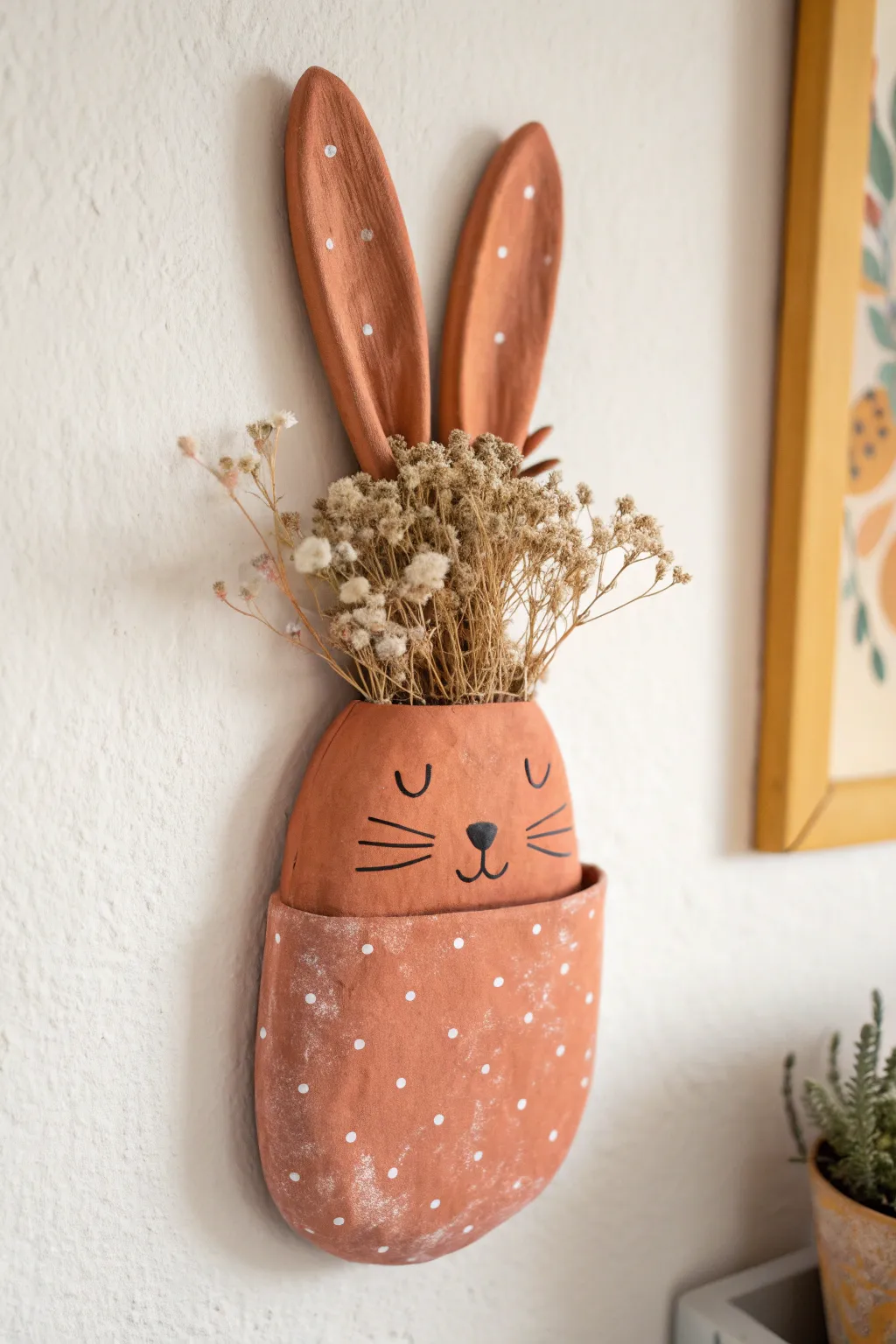 Minimal bunny clay wall pocket with dried florals, bold color pop for cozy Scandinavian decor.