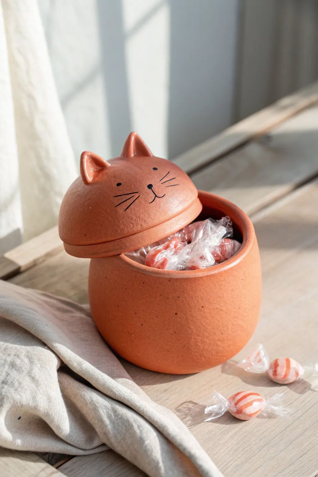 A cute lidded cat pinch pot treat jar with tiny ears, styled in warm minimal Scandi charm