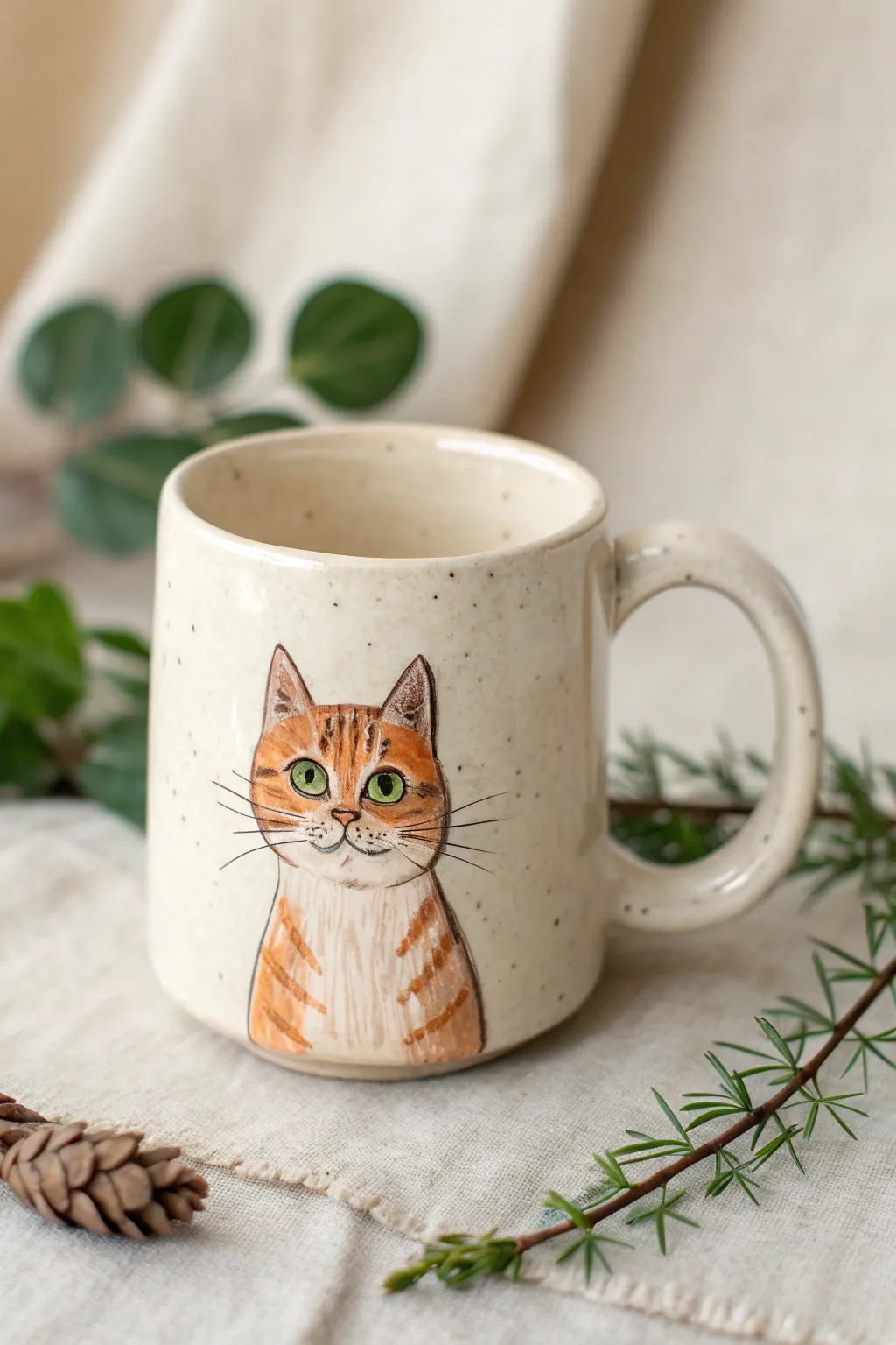 Cozy hand-painted cat portrait mug in minimalist Nordic style, bold yet warm and beginner-friendly.