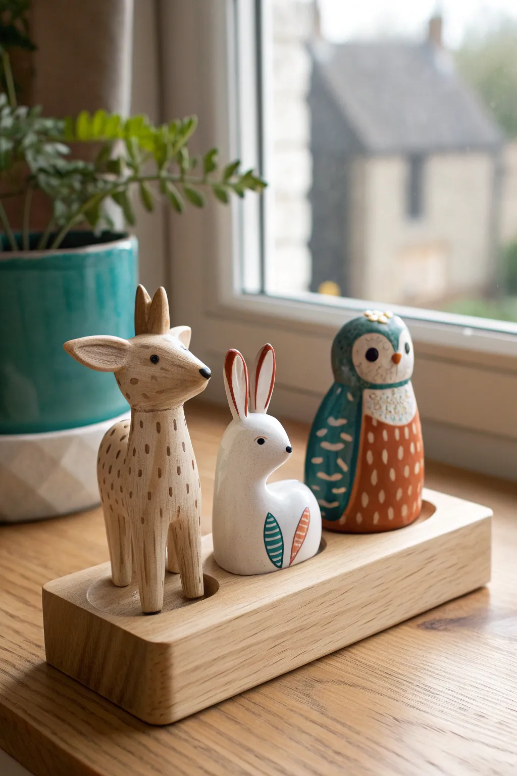 Woodland ceramic family set on wood base, cozy cabin glow, minimalist boho charm in bold glazes