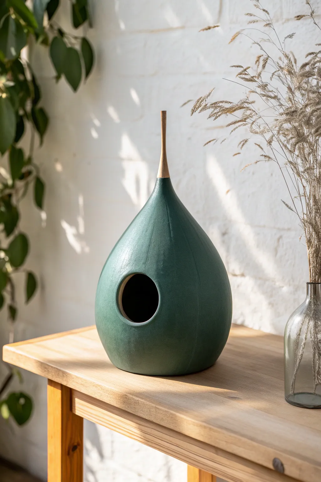 Perch free ceramic birdhouse with a bold matte finish for a clean modern garden accent
