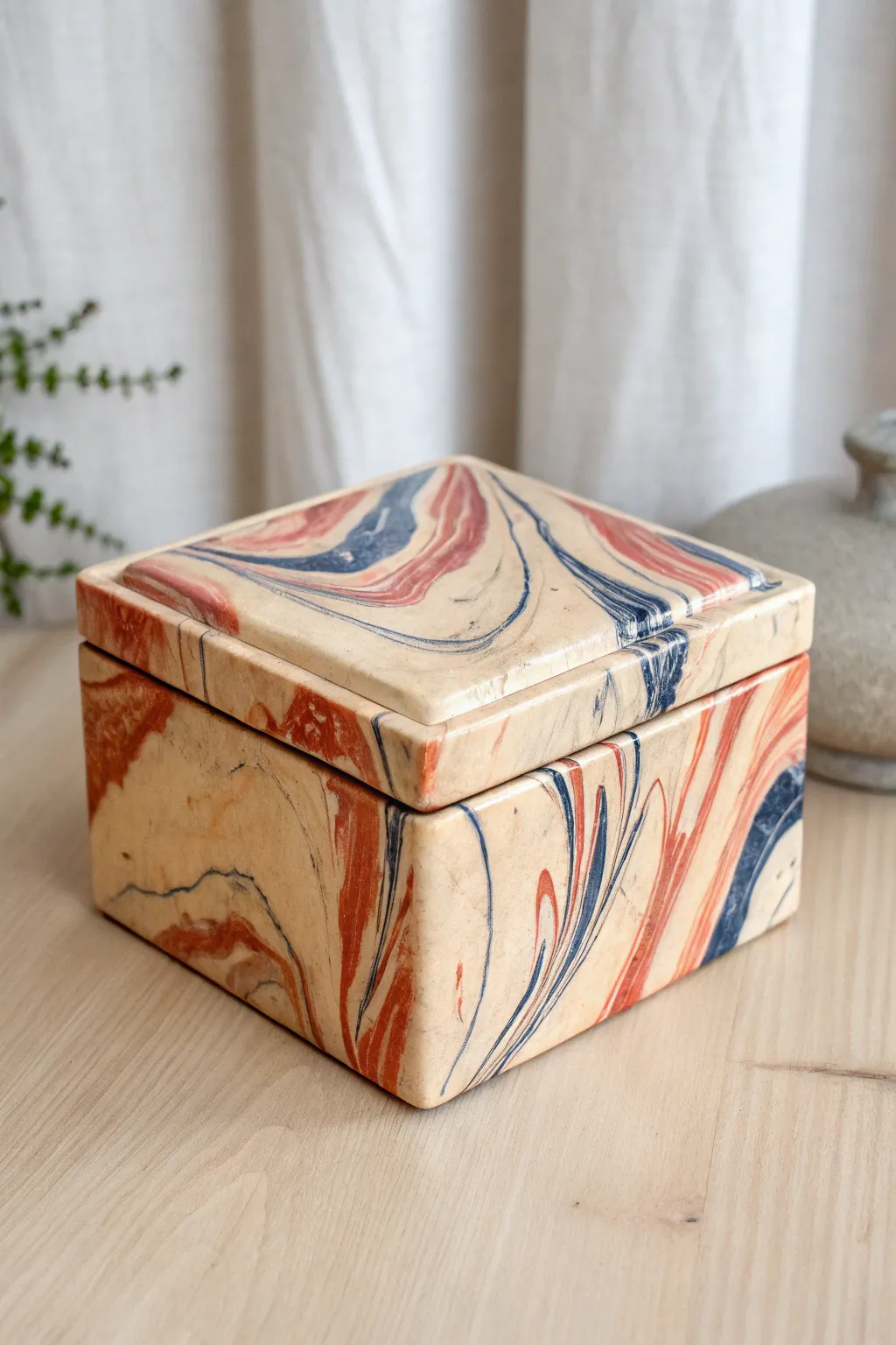 Nerikomi marble ceramic box with satin finish and swirling slabs, minimal yet bold and boho.