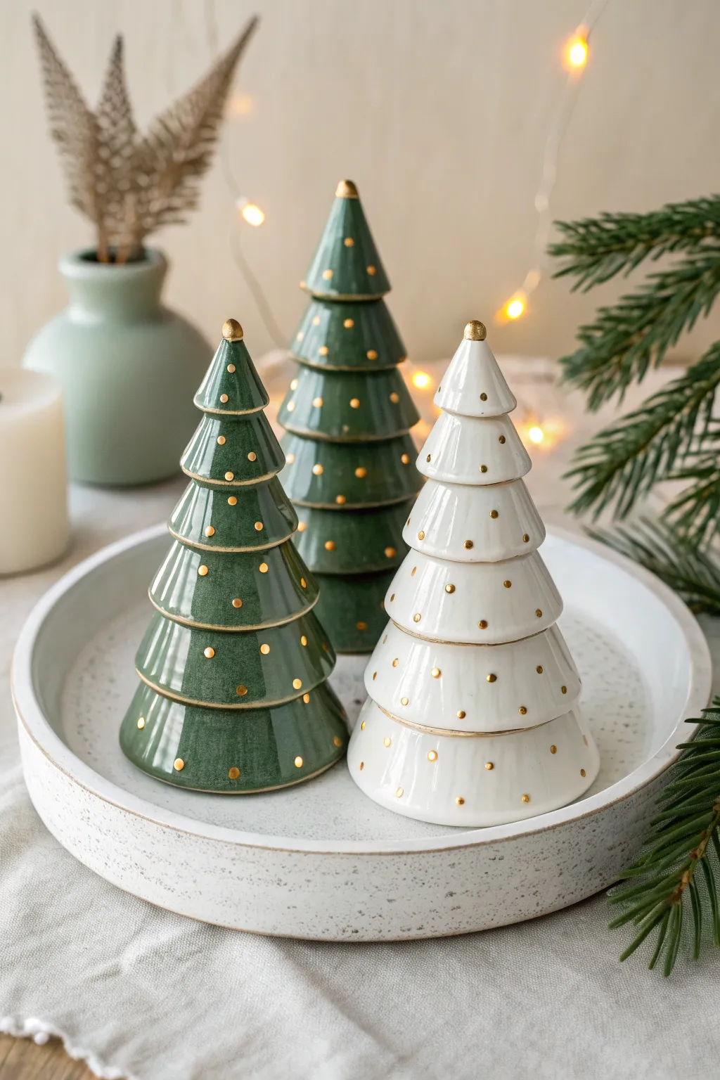 Cohesive ceramic Christmas tree forest in evergreen and gold for a modern minimalist display
