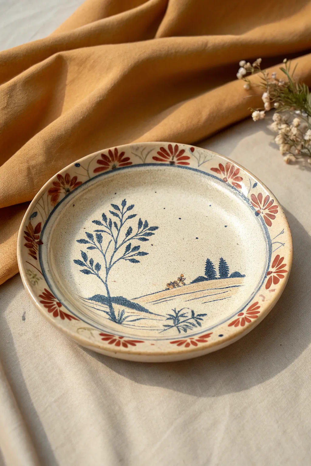 Simple sgraffito story plate with bold indigo lines and warm clay tones, clean and handmade.