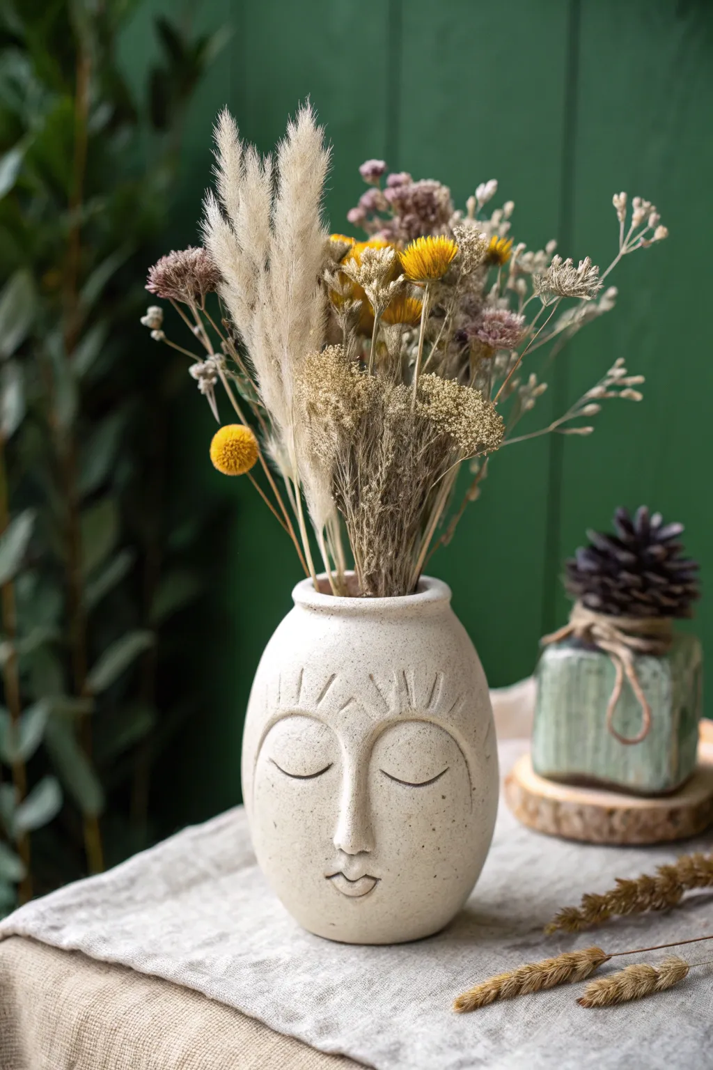 Calm ceramic face vase with floral hair, minimalist lines, and a bold Scandinavian boho palette.