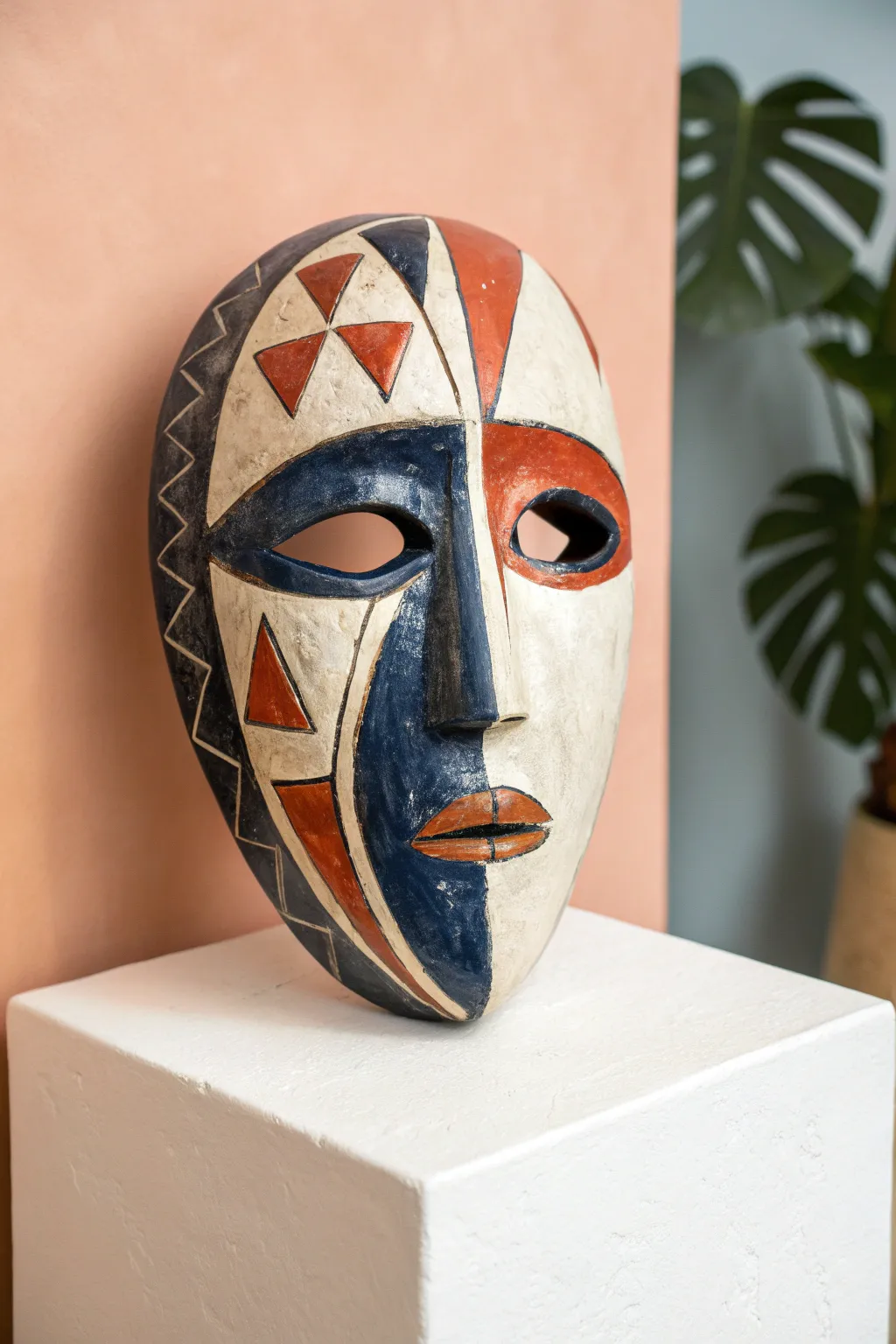 Cubist split-face clay mask with bold glaze blocks—minimalist, boho, and beautifully handmade.