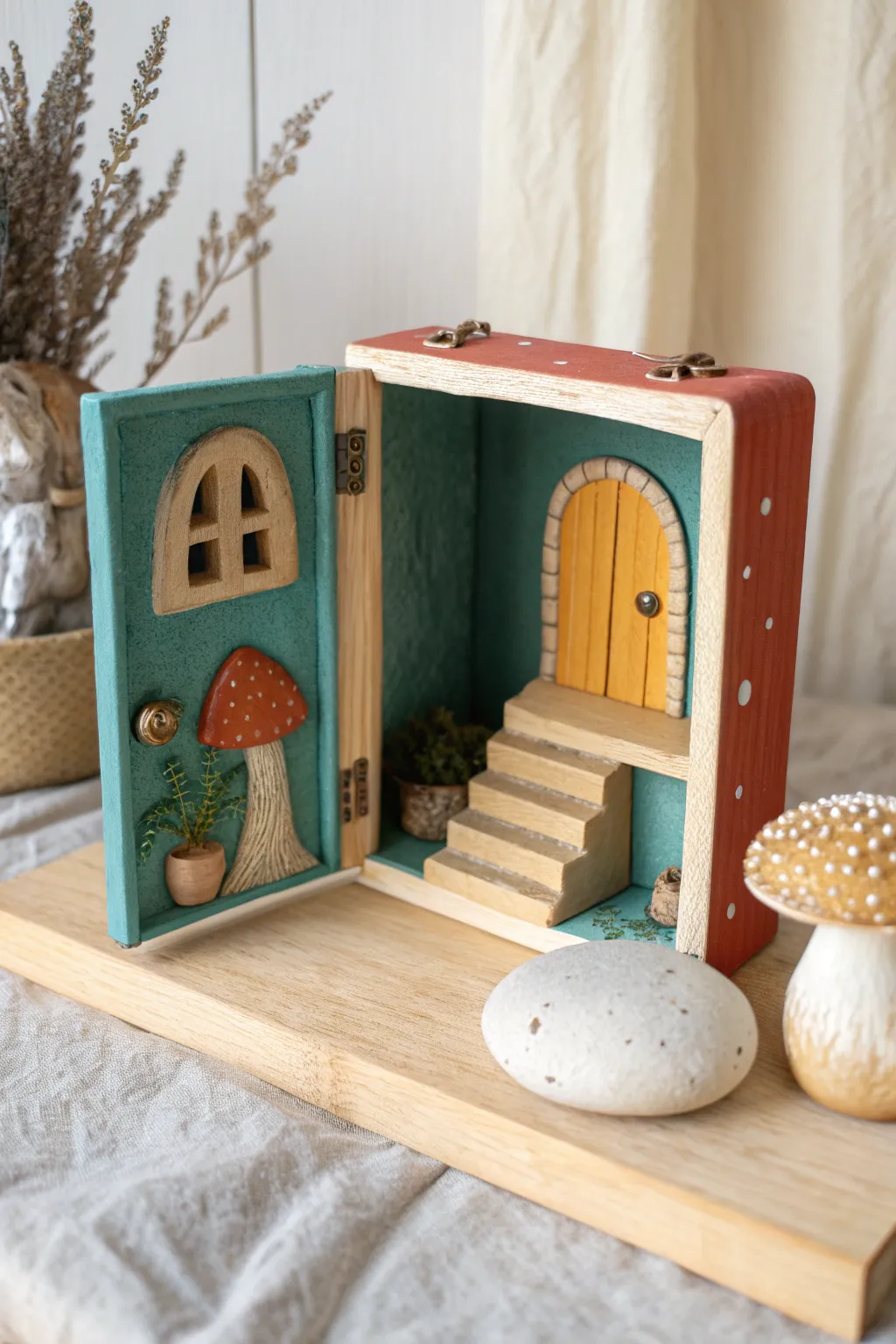 Peek into a tiny ceramic world: chunky doorway, steps, and a bold boho tree in a box