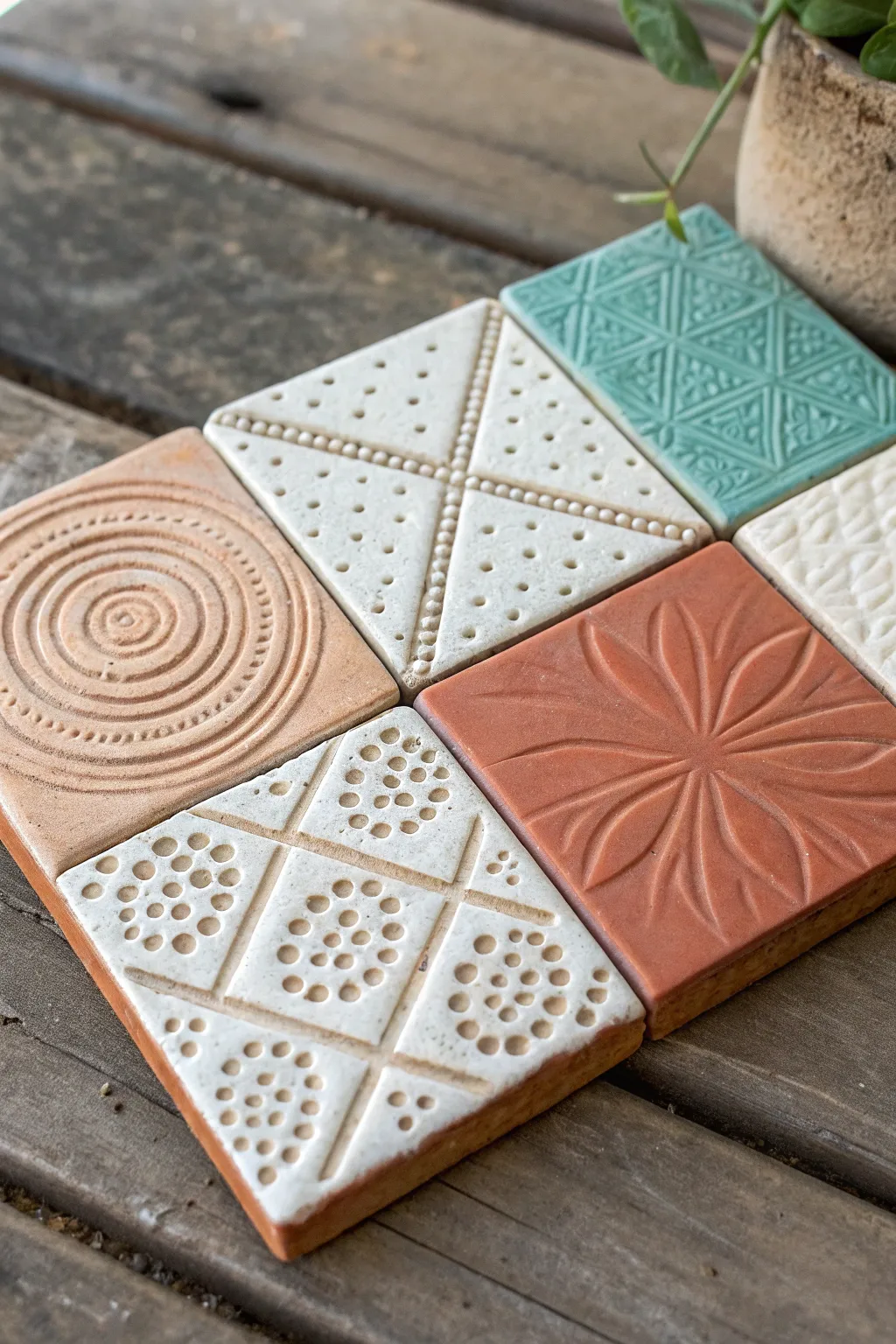 Patchwork texture tile sampler with bold earthy glazes, perfect for ceramic clay tile ideas